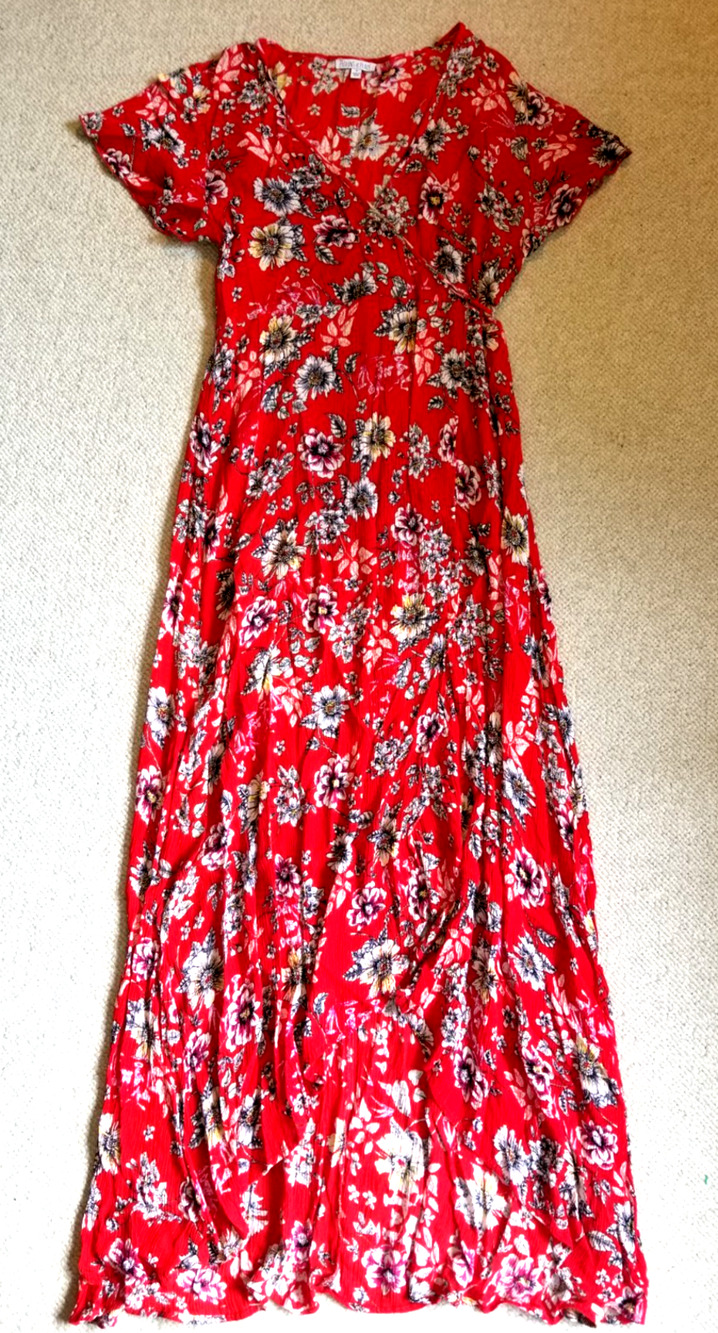 Womens Dress-PATRONS OF PEACE-red floral rayon gauzy faux wrap maxi Boho-M